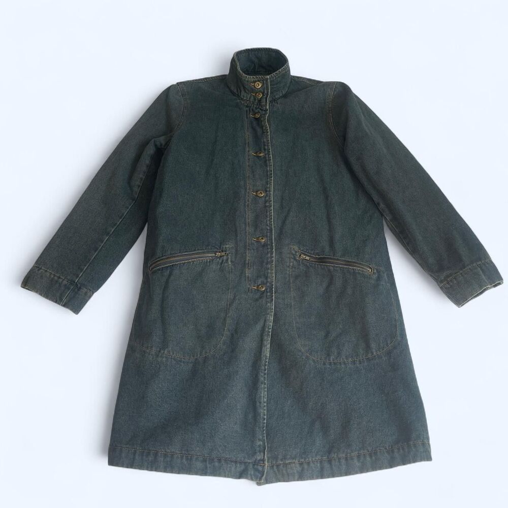 Vtg 90s Harvé Benard Denim Duster Coat – Funnel Neck Utility Jacket
